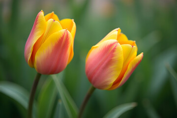 Naklejka premium Captivating symmetrical close-up shot of vibrant yellow and red tulips gracefully inclining towards each other in a verdant garden setting during springtime bloom