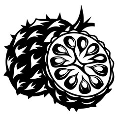 A black and white graphic of a soursop fruit cut open