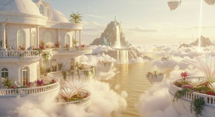 Fantasy Castle on Clouds with Waterfall View