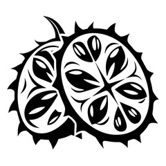 High contrast illustration of a sliced kiwano fruit showing the inner pulp