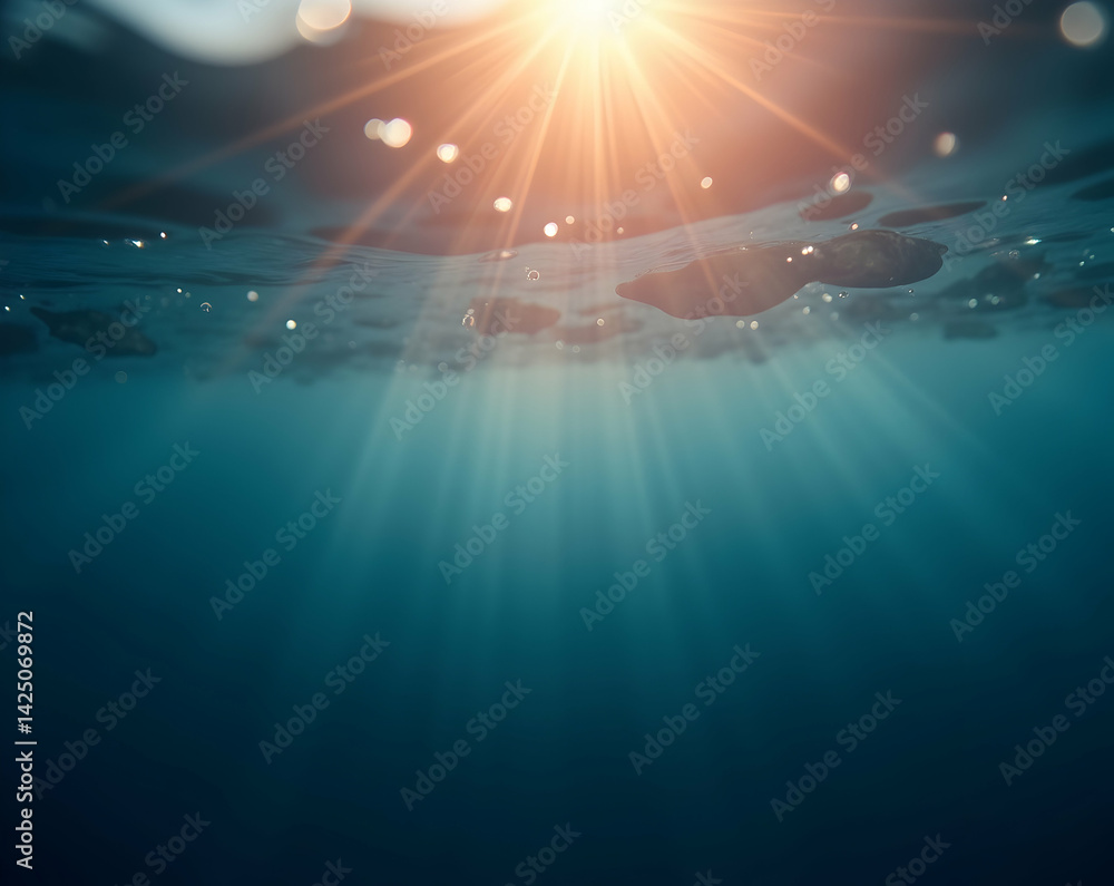Aufkleber captivating underwater scene featuring sunlight filtering through clear blue water, creating soft gr