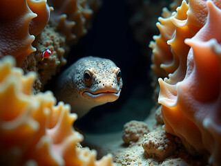 Captivating underwater scene featuring a slender moray eel with mottled brown and tan markings nestled amidst vibrant coral reefs, creating a mesmerizing seascape