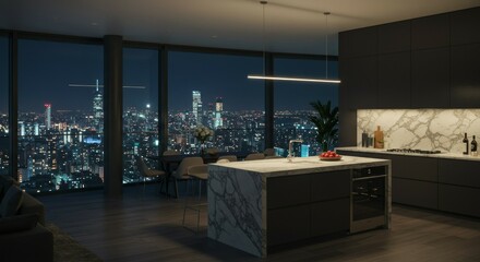 Modern Kitchen with Marble Island and City View