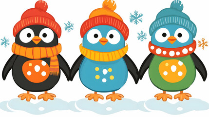Obraz premium Three penguins wearing winter hats and scarves hold hands in the snow