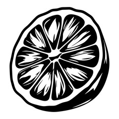 Monochrome sliced lemon or orange illustration with stylized design elements.