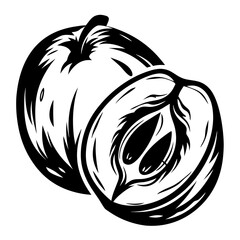 Elegant Black and White Illustration of a Peach and Peach Half