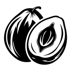 Black and white vector illustration of a whole plum and a cut plum