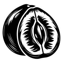 Monochrome depiction of a sliced mango with stylistic hatching design