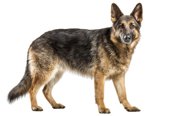 Fototapeta premium A large, black and brown German Shepherd stands on a white background