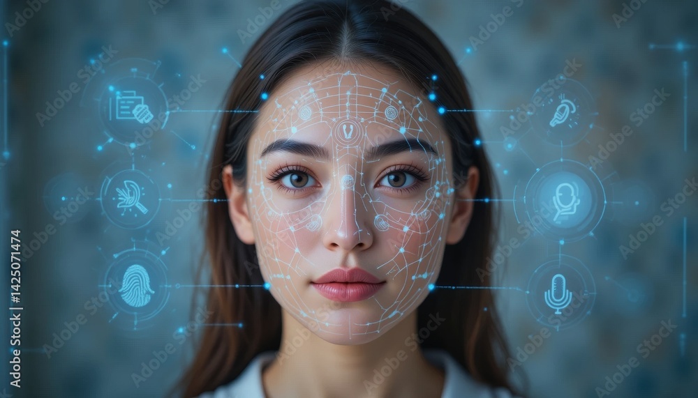 Poster digital facial recognition technology in action analyzing emotion detection urban environment portra
