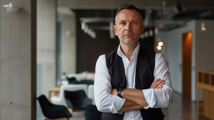 Fototapeta premium Man in white shirt and black vest with arms crossed standing in a modern office space setting