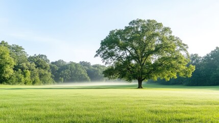 Fototapeta premium Peaceful meadow landscape at dawn. A lone tree stands tall amidst a grassy field bathed in morning mist, with a backdrop of lush green forest. Soft light paints the scene,