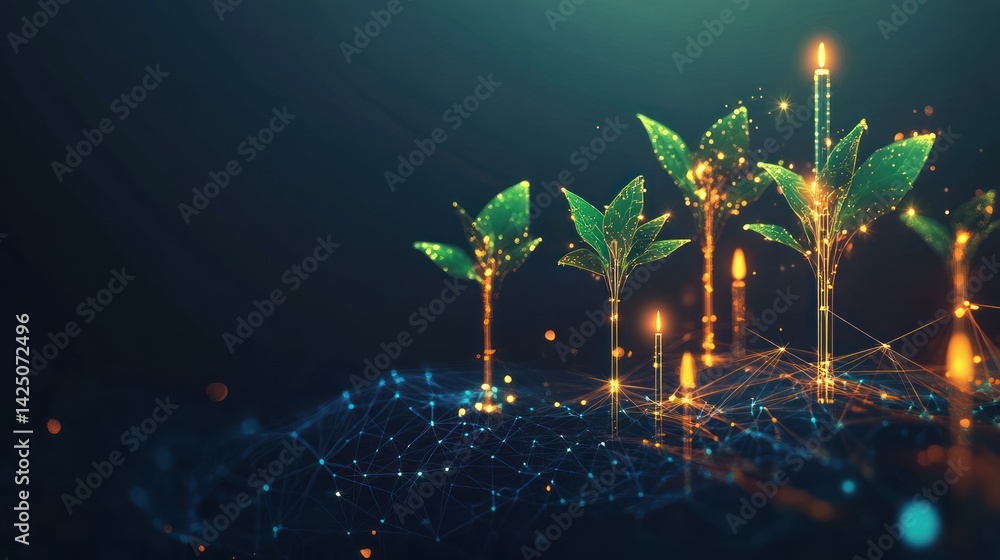 Poster abstract visualization of technological growth intertwined with natural greenery