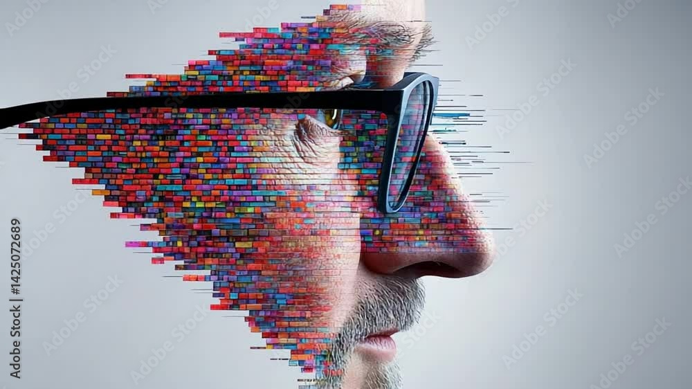 Poster profile of a man merging with digital elements illustrating technology and innovation in modern art