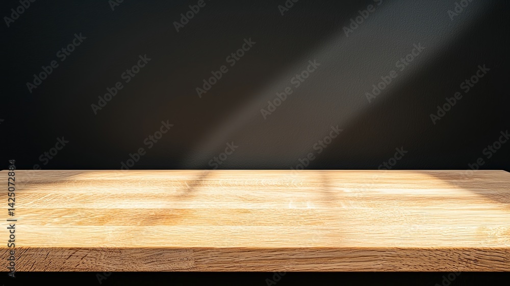 Poster a wooden surface illuminated by soft light, casting gentle shadows against a dark background, creati