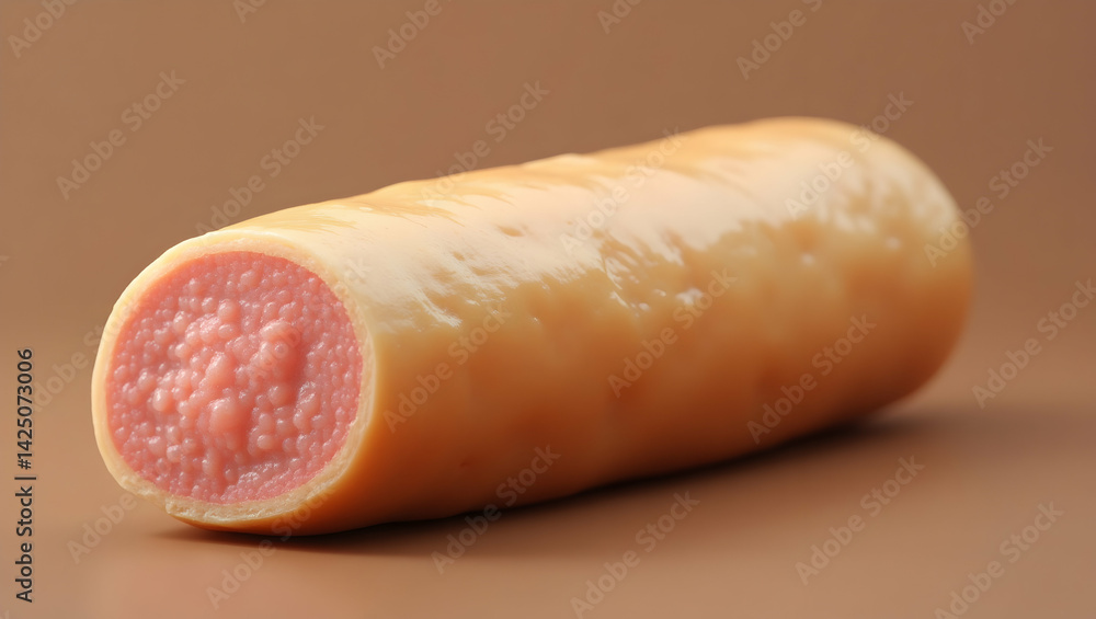 Poster close-up image of a boiled pink sausage roll with smooth texture, presented on a solid brown surface