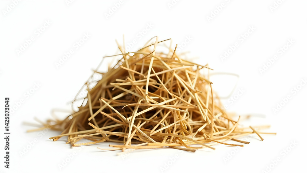 Poster close-up image showcasing a small haystack against a bright studio backdrop, ideal for illustrating 
