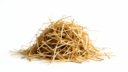 Close-up image showcasing a small haystack against a bright studio backdrop, ideal for illustrating agricultural concepts or rustic textures in design and photography