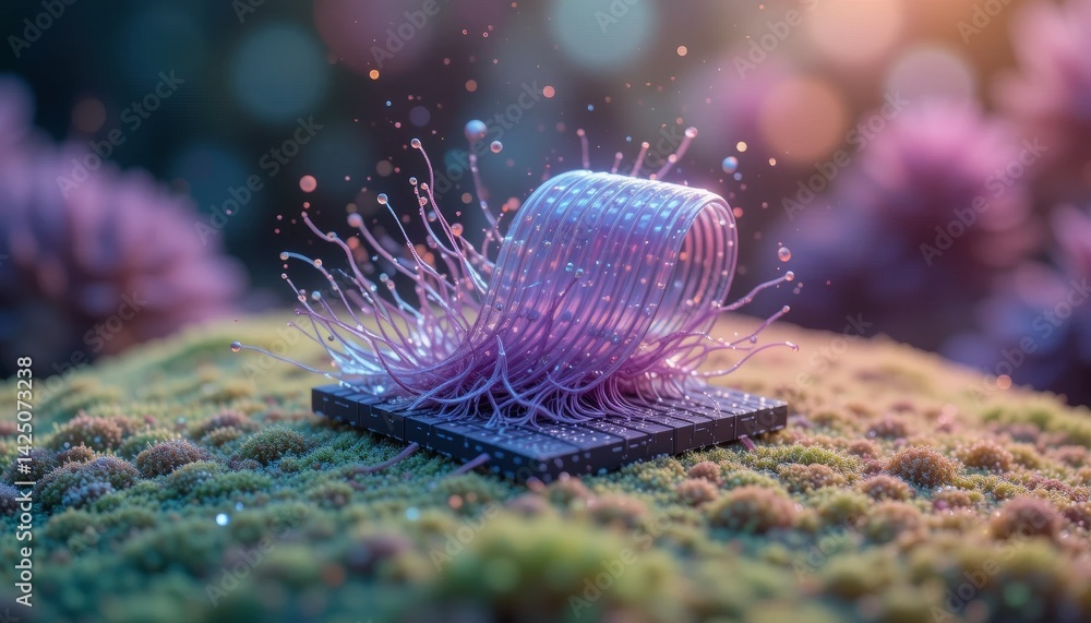 Poster dynamic interaction of digital waveform technology surreal landscape 3d animation vibrant color pale
