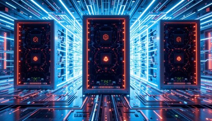 Futuristic data center operations digital realm technology visual neon environment perspective on advanced computing concepts