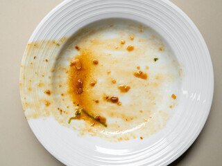 Dirty plate top view background, finished eat dinner in restautant, abstract textuer stain smearing drip sauce bbq jam chilli jelly on ceramic breakfast, concept for clean hyginene product.
