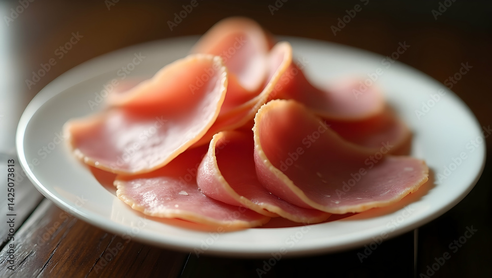 Poster close-up of sliced ham rounds neatly arranged on a white plate, demonstrating simplicity and eleganc