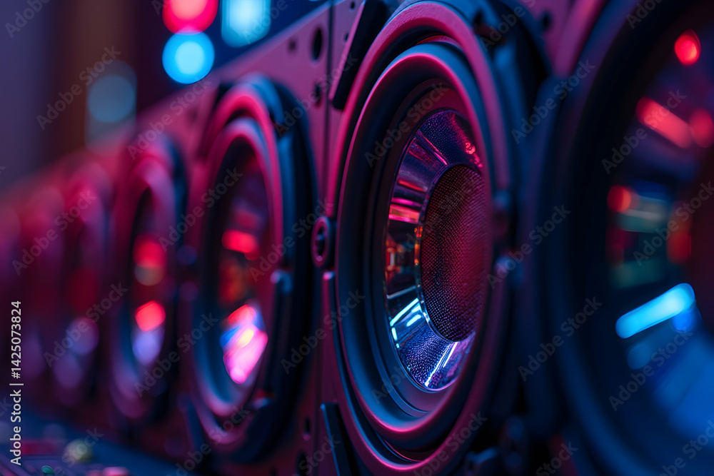 Aufkleber close-up row of subwoofers with vibrant sound lines creates a dynamic music-themed visual experience