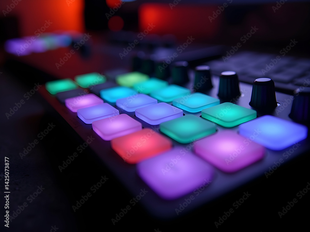 Poster close-up vibrant midi controller illuminated by mesmerizing rgb lights, creating a captivating ambia