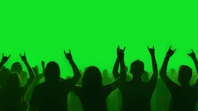 Rock On! The silhouette of a vibrant crowd shows appreciation for the music with raised hands forming the iconic rock gesture in front of the energetic green backdrop.