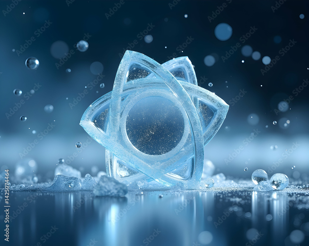 Poster conceptual depiction of absolute zero showcasing frozen atom structure with intricate details and et