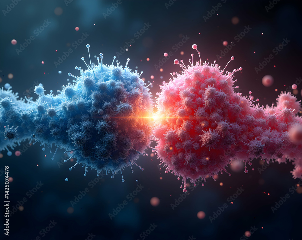Poster conceptual depiction of matter and antimatter collision showcasing energy release and particle inter