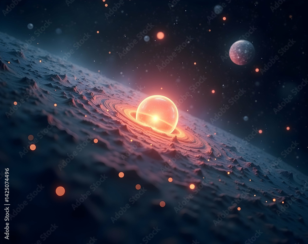 Poster conceptual illustration of the strong nuclear force binding protons within an atom's nucleus in a co