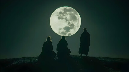 Silhouetted figures meditate under a full moon on a hilltop at night; spiritual serenity, contemplation