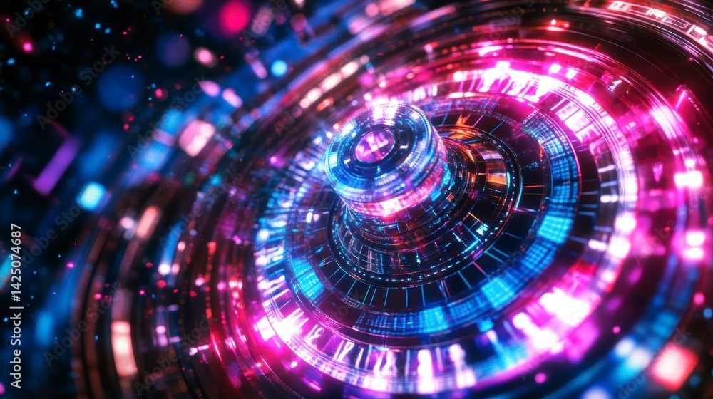 Poster abstract vibrant glowing circular technology design with central sphere.