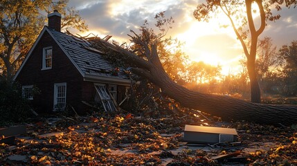 Natural disaster damage shown by tree collapse on home requiring urgent disaster response and recovery
