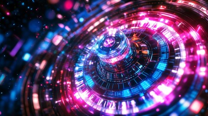 Abstract vibrant glowing circular technology design with central sphere.