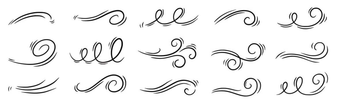 Wind line air swirl smoke vector icon set. Hand drawn doodle wind motion, air blow, swirl doodle elements. Sketch drawn air blow motion, smoke flow wave, abstract line. Vector illustration
