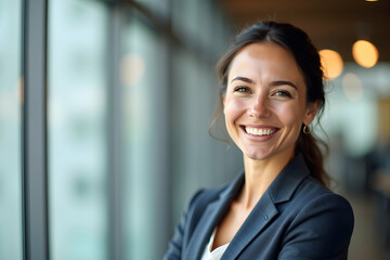Obraz premium Confident Businesswoman Smiling with Copy Space, Empowering Success in the Modern Corporate World, Professionalism and Optimism at Work