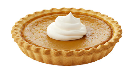 A whole pumpkin pie with a golden crust and a dollop of whipped cream on top on a black background