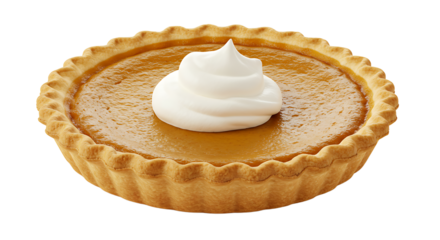 A whole pumpkin pie with a golden crust and a dollop of whipped cream on top on a black background