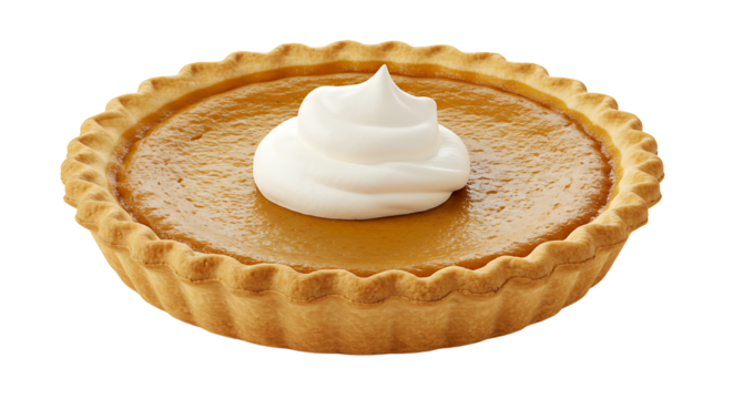 A whole pumpkin pie with a golden crust and a dollop of whipped cream on top on a black background