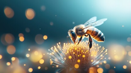 Naklejka premium A close-up of a bee collecting pollen from a flower, illuminated by a soft background, showcasing vibrant colors and details.