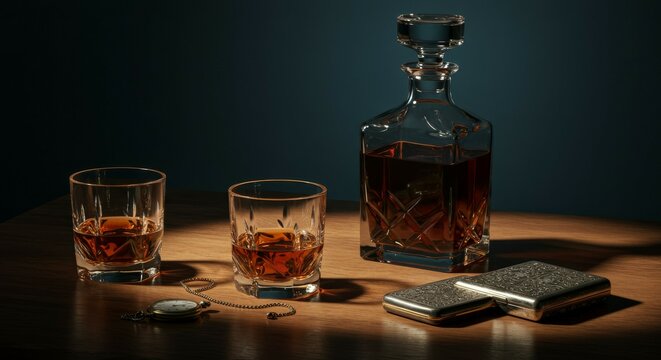 Whiskey Still Life with Pocket Watch and Cigarette Case