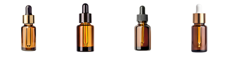 Amber glass serum bottles with dropper caps. long_title:A set of amber glass serum or tincture bottles with pipette dropper caps, showcasing a