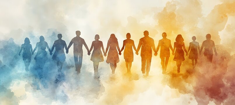 Illustration of diverse group of people holding hands. Unity, community, and mutual support. The essence of teamwork, cooperation, and the concept of helping each other in a multicultural society,


