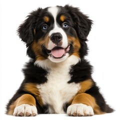 Adorable Bernese Mountain Dog puppy with striking eyes and a playful, open-mouthed expression. Soft, tri-colored fur and endearing paws