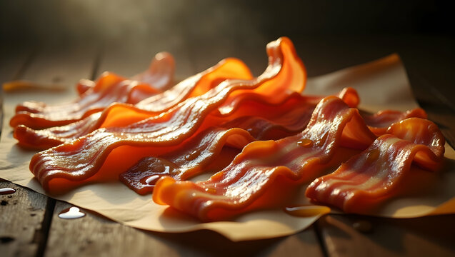 Crispy bacon strips are scattered on parchment paper with glistening oil drops, creating a tempting close-up image perfect for illustrating breakfast or cooking themes