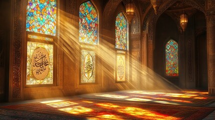 Sunlight streams through stained glass windows in a historic mosque, illuminating prayer rugs on the floor.