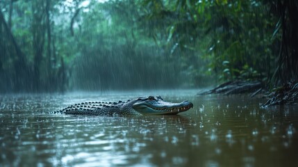 Rainy River Stroll Alligator glides through rainsoaked jungle waters