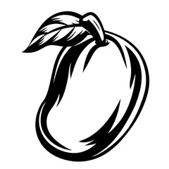 Striking monochrome mango illustration with bold outlines and a vibrant single leaf